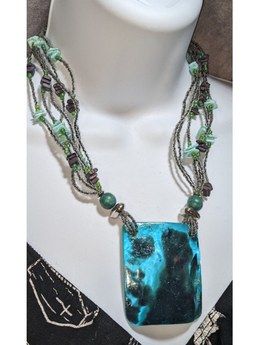Layered Beaded Shell Pendant Necklace Blue Mermaidcore Boho Coastal Statement Je